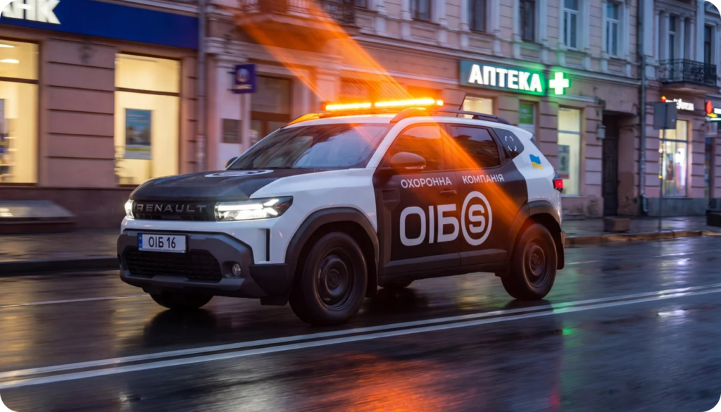 Автомобіль групи швидкого реагування ОІБ під'їжджає до під'їзду багатоквартирного будинку.