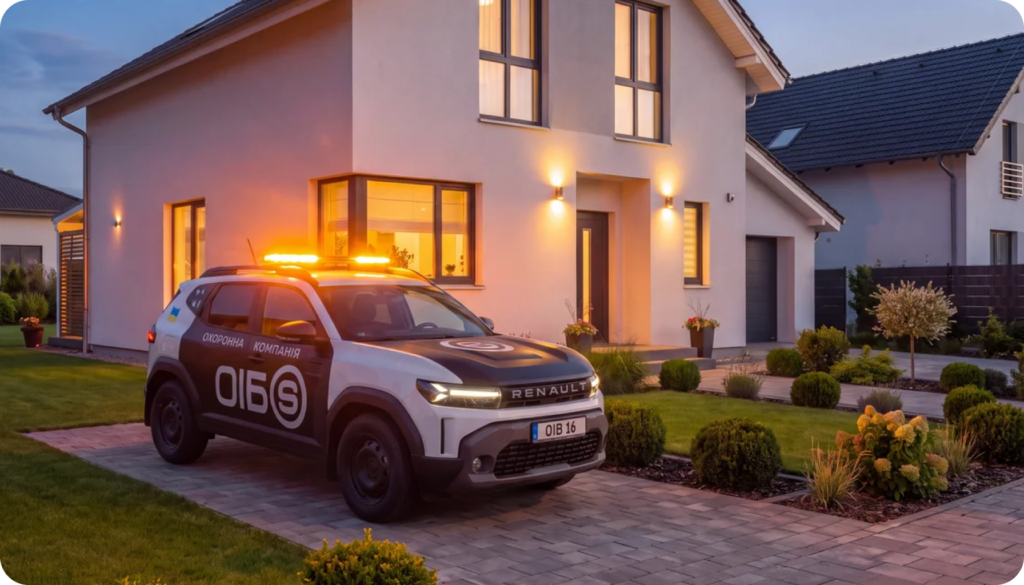 Патрульний автомобіль охоронної компанії ОІБ біля заміського будинку під охороною увечері