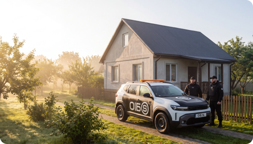 Світанок над котеджем під охороною, патрульний автомобіль ОІБ після планового огляду території