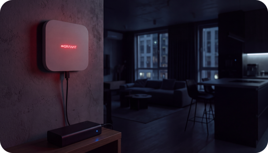 Охоронна панель GRANAT GT Panel працює від PowerBank у темній квартирі під час відключення світла